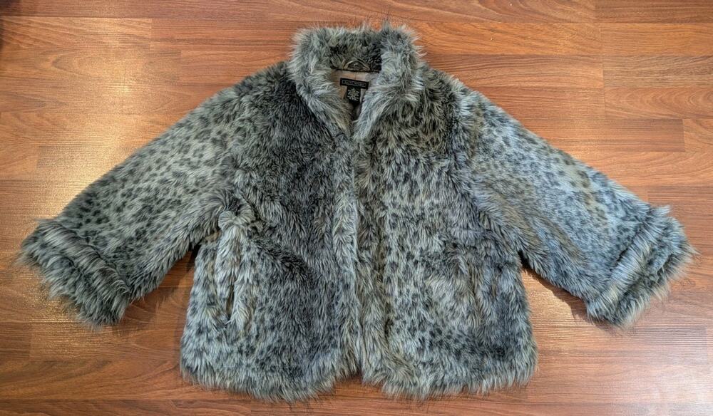 Lauren Hansen Faux Fur Coat Womens M Gray Leopard Plush Jacket Y2K Glam Winter